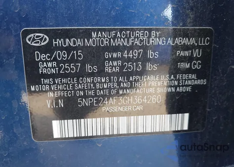 2016 Hyundai Sonata Se from USA, damaged, VIN 5NPE24AF3GH364260